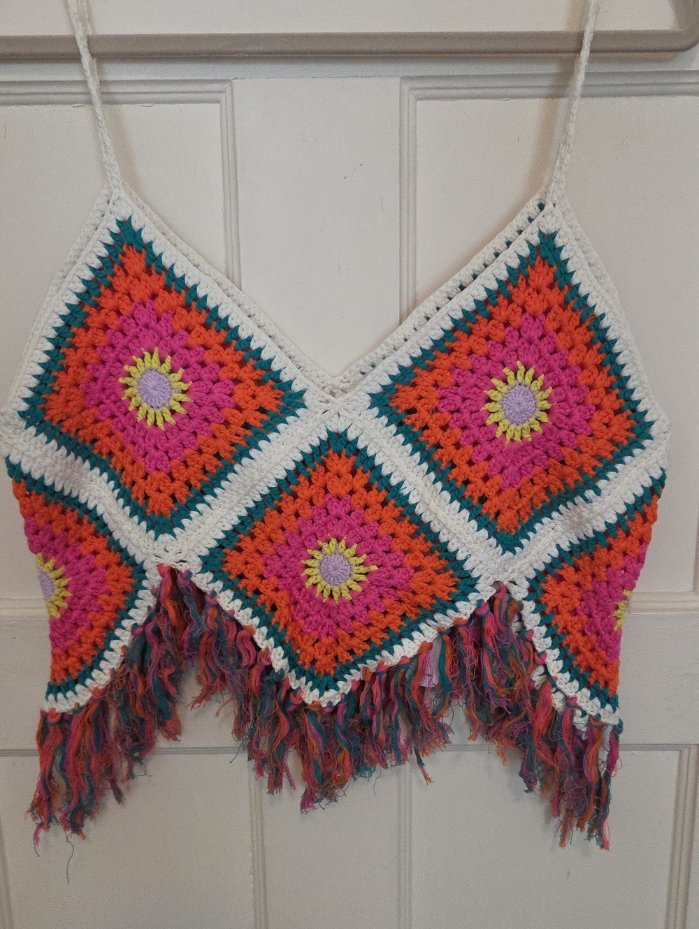 Self Contrast Dixie Crochet Camisole Knit Fringe Hem Top In Happy Colors SZ Med - Picture 7 of 16